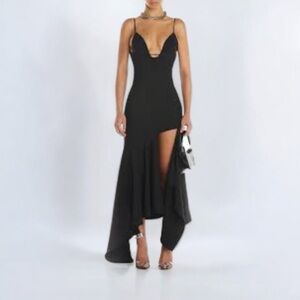Mugler Black Asymmetrical High-Low Cocktail Twill Long Dress Size 44